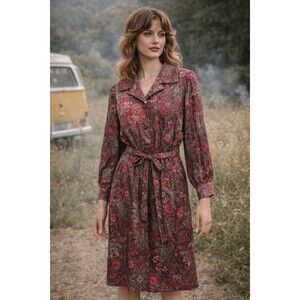 Vintage 70s Floral Dress Pink John Kaldor Dress Med Large Handmade Belt Hippy